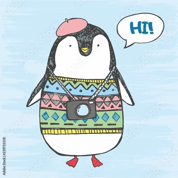 Obraz Vector illustration of cute hand drawn sketch fat penguin in a sweater, beret, with camera and comics cloud with lettering hi! isolated on a blue grunge background. North Pole 