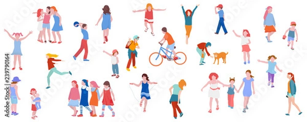 Obraz  Set of illustrations of kids activity. Children play, chat, walk, run, vector illustration in flat style. 
