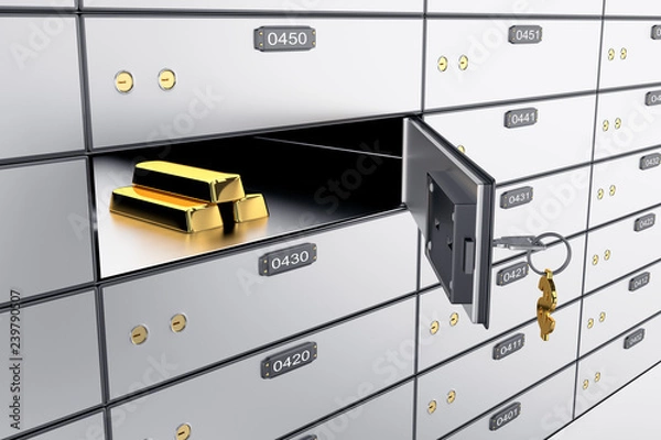 Obraz Safe deposit boxes with open one safe cell. 3D rendering. Safe lockers