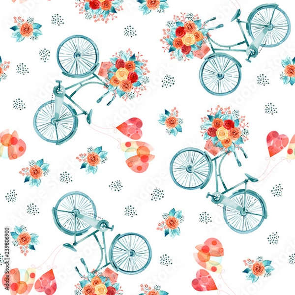 Fototapeta Watercolor Valentines day illustration with hearts and bicycles. Design for textile, wallpapers, wrapping, paper. Seamless background. Surface pattern design