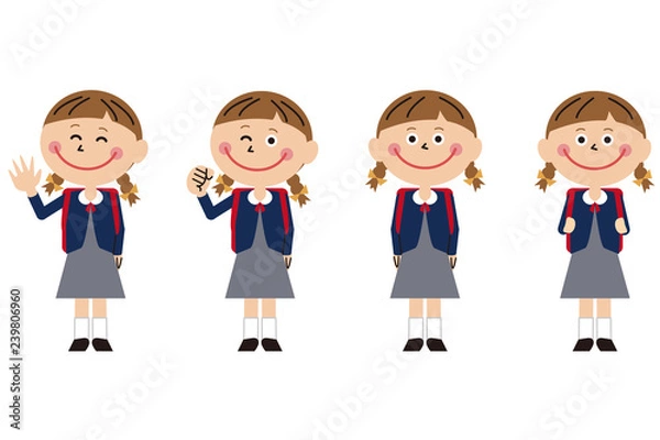 Obraz ポップな紺の制服にランドセルの女の子4ポーズ