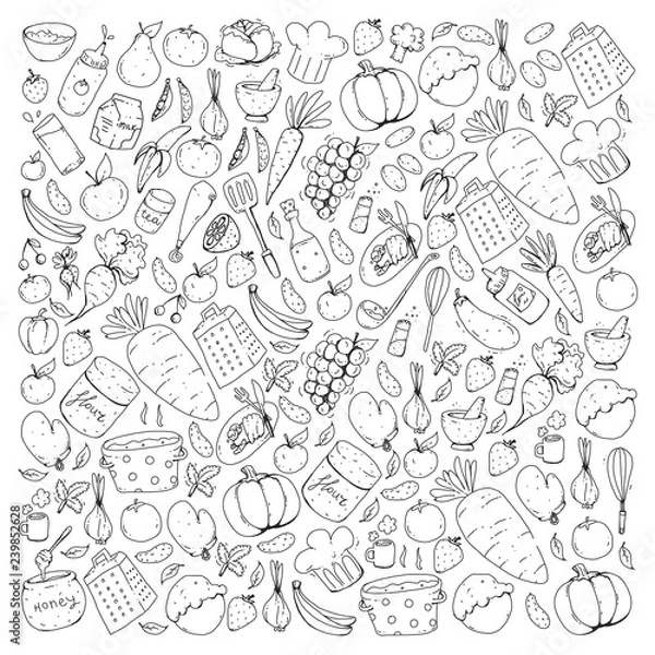 Fototapeta Kitchen and cooking seamless pattern. Icons of food and drinks. Colorful images for wrapping paper, textile, fabric
