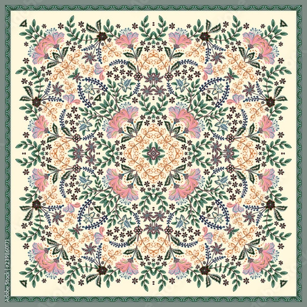 Fototapeta Decorative colorful background, geometric floral doodle pattern with ornate lace frame. Tribal ethnic mandala ornament. Bandanna shawl, tablecloth fabric print, silk neck scarf, kerchief design