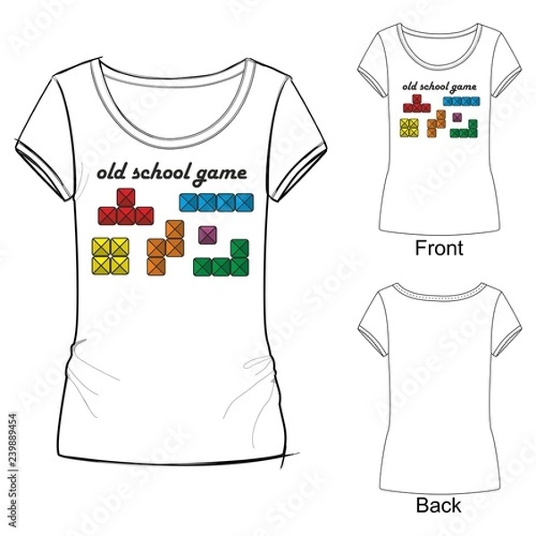 Obraz White t shirt with fashion print with colored tetris boxes and lettering