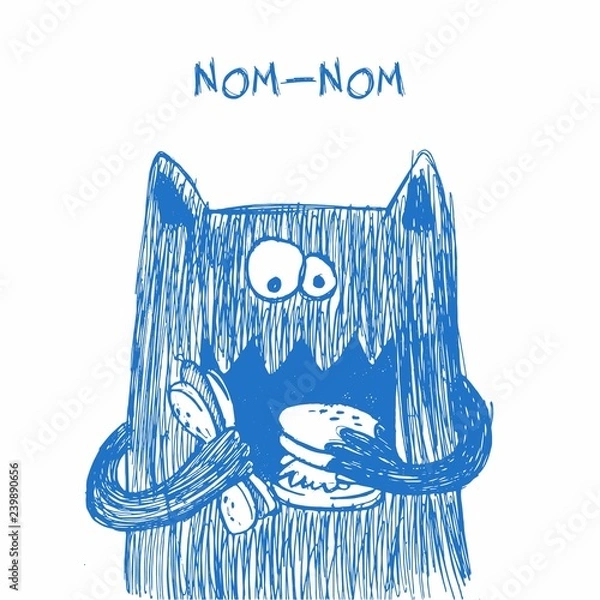 Obraz Doodle monster. Hand drawn sketch illustration. Funny character drawn with blue pen isolated on a white background. Heavy eater. Nom-nom