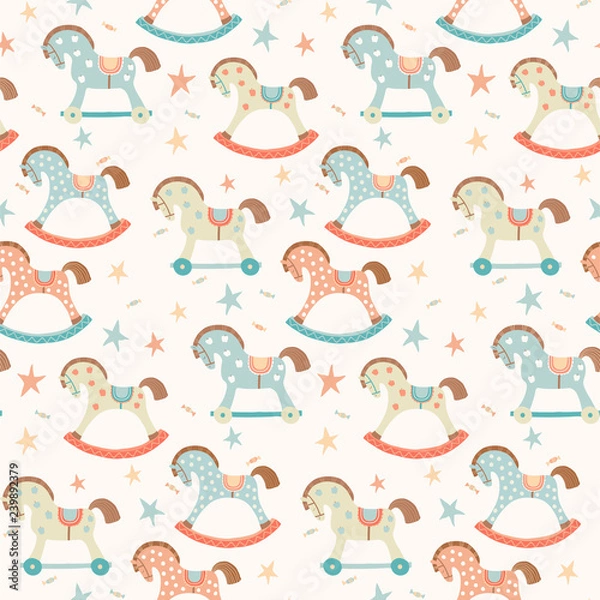 Obraz Seamless kids, baby rocking horse seamless pattern. First toys. Vector eps 10 illustration on white. Cloth, wallpaper, wrapping, fabric, print , surface, baby shower design.