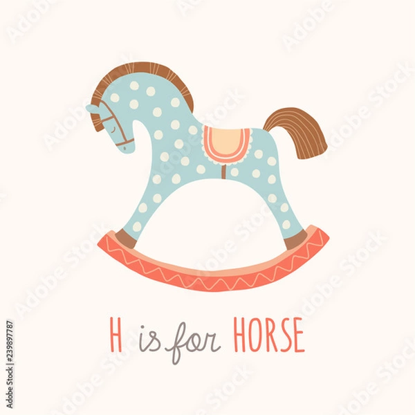 Obraz ABC Kids Wall Art. Toy Alphabet Card. Nursery alphabet poster wall art. Playroom decor. H is for Horse. Blue rocking horse. Cartoon vector clipart eps 10 illustration isolated on white background.