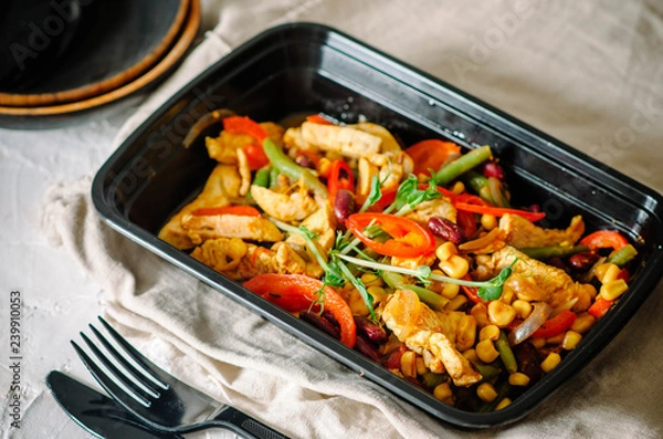 Obraz Meat with beans, corn, asparagus beans, sweet peppers, chili peppers and microgreen. Healthy food and diet concept, restaurant dish delivery. Take away of fitness meal. Weight loss nutrition in boxes.