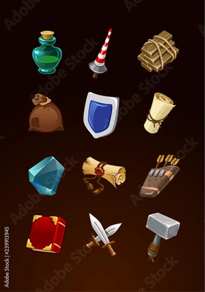 Fototapeta zestaw elementów gry. wektorowe starożytne ikony rpg