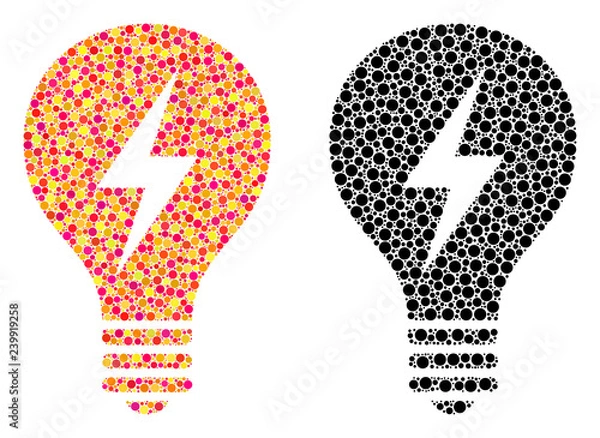 Fototapeta Dot electric bulb mosaic icons. Vector electric bulb icons in bright and black versions. Collages of different spheric spots.