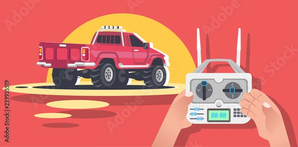 Fototapeta Radio controlled car, machine, RC, radio controlled toys design. Remote control in hand. Isolated vector illustration on red coral background