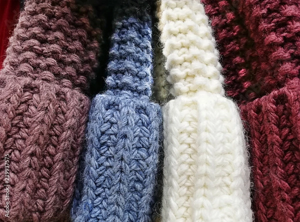 Fototapeta Background texture of soft wool, pattern. Close-up, selective focus, side view, copy space.