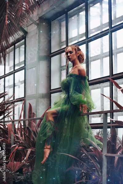 Obraz The girl elf sits on the fence in a chic dress in the garden