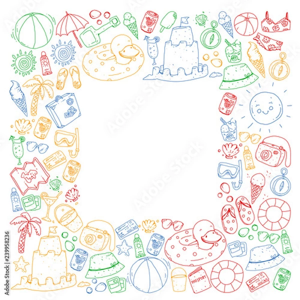 Obraz Beach and travel. Vector icons with summer vacation elements.