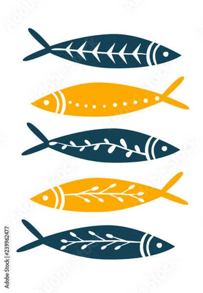 Fototapeta Sea fish simple styling print. Two color. Quote lettering with sea rope. Print for kids t-shirt and sea style souvenirs. Isolated on white background. Fish set collection