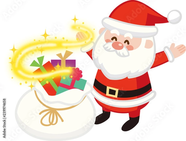 Obraz キラキラ光るサンタバッグと笑顔のサンタクロース クリスマスプレゼント ベクターイラスト素材