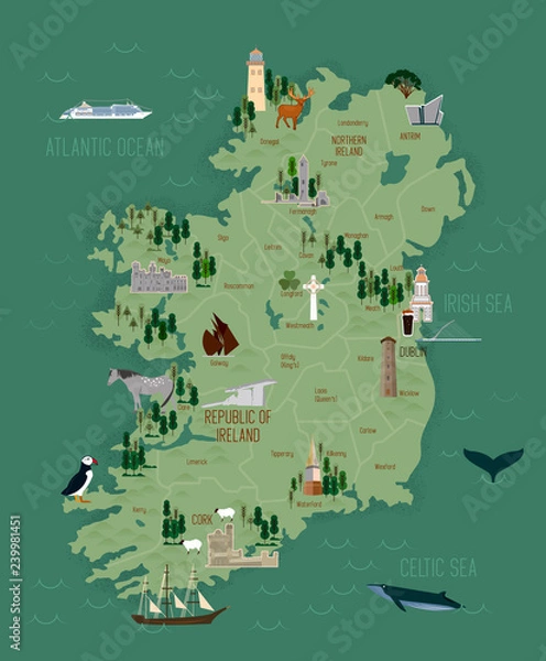 Fototapeta Vector illustration of Ireland map with landmarks, destinations and cities, road map. Ireland culture set, famous architectures and specialties. Business and tourism concept clipart, icons.