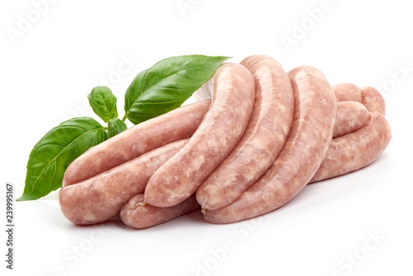 Fototapeta Raw Pork Sausages with basil leaf, close-up, isolated on white background