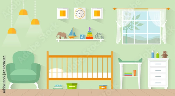 Obraz Interior nursery in flat style. Vector children's room with furniture and toys.