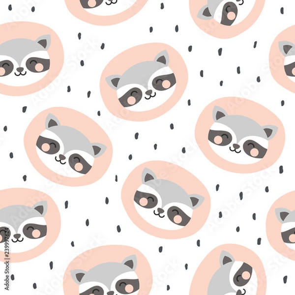 Obraz raccoon cute seamless pattern, cartoon background, vector illustration