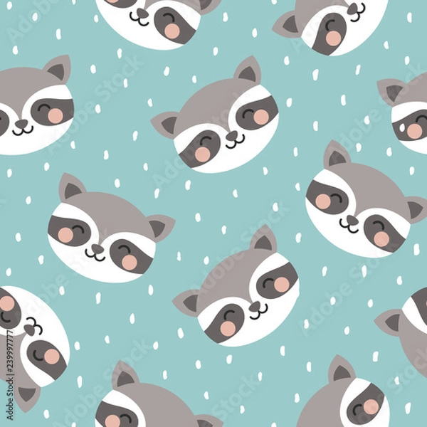 Obraz raccoon cute seamless pattern, cartoon background, vector illustration