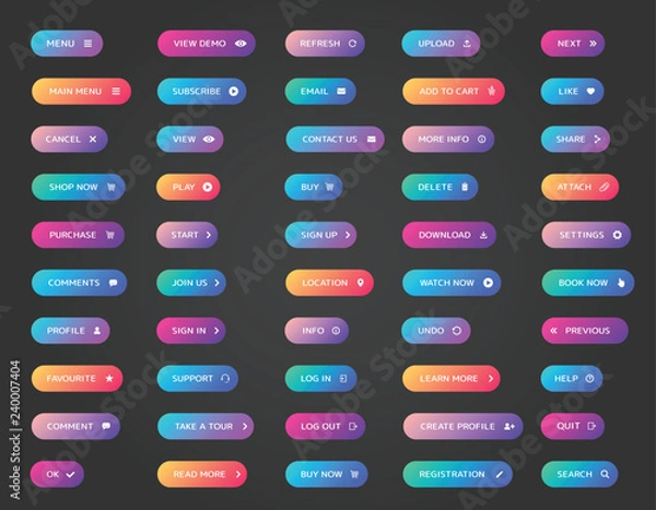 Fototapeta Web buttons collection. Ui, web buttons. Vector buttons on trendy gradients with icons for web and ui design