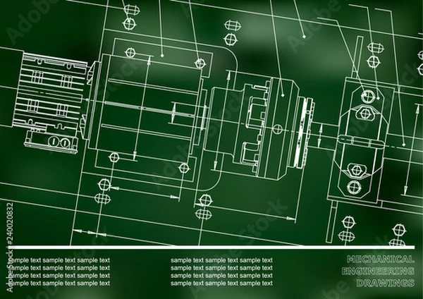 Fototapeta Mechanical engineering drawings on a Green background. Vector. Background for inscription
