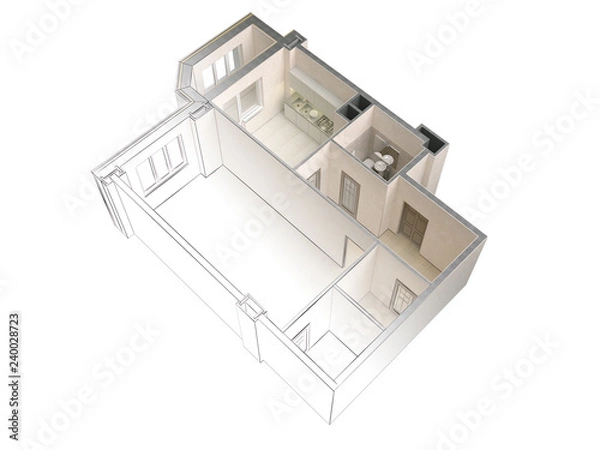 Obraz Draft sketch of a modern apartment contrasting with a realistic 3d rendering, top view, isolated