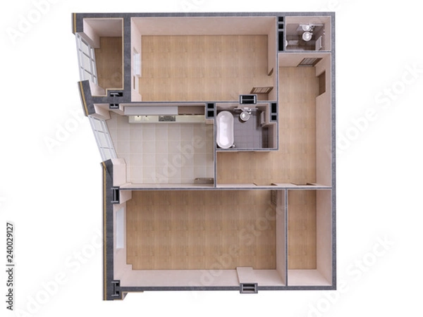 Fototapeta Floor plan top view. Apartment interior isolated on white background. 3D render