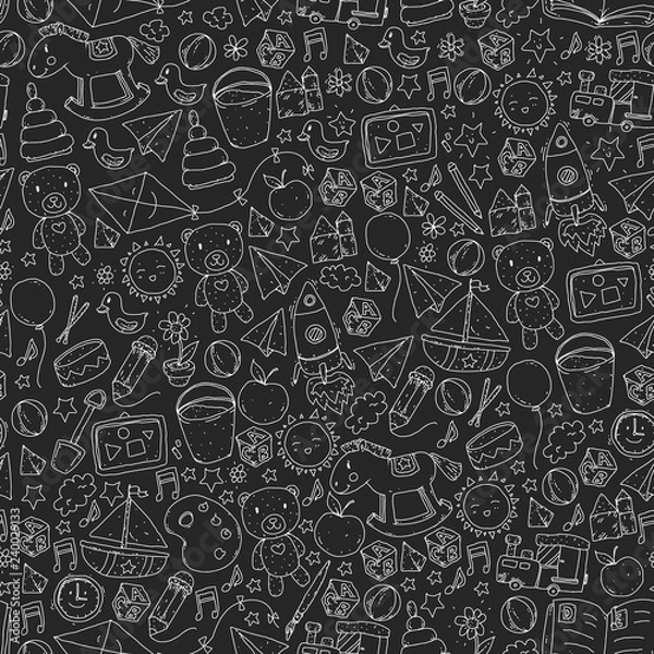 Fototapeta Kindergarten Vector seamless pattern with toys and items for education.