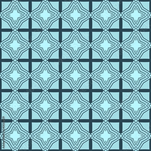 Fototapeta Seamless square pattern from geometrical abstract ornaments on a light turquoise background. Vector illustration. Suitable for fabric, wallpaper, wrapping paper