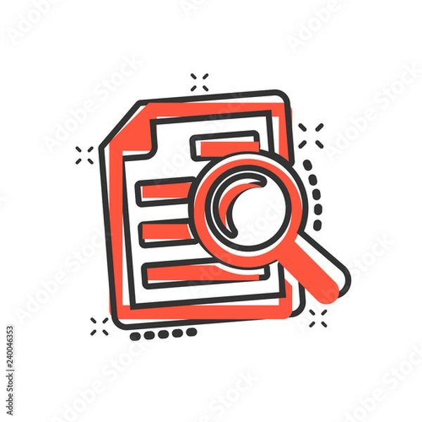 Fototapeta Scrutiny document plan icon in comic style. Review statement vector cartoon illustration pictogram. Document with magnifier loupe business concept splash effect.