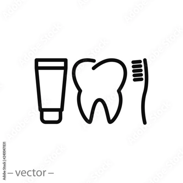 Fototapeta tooth, toothbrush, toothpaste, icon, line sign, vector illustration