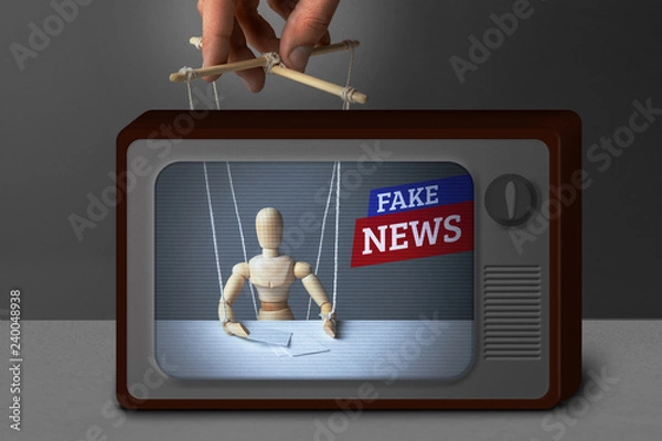 Obraz Fake News on TV. The correspondent as the doll controls the puppeteer. Lying information to trick people on TV