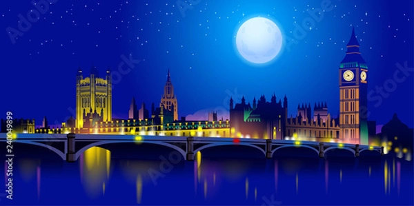 Fototapeta vector sunset and silhouette of London at night with stars and moon on the background. London City Skyline. Image for banner or web site.