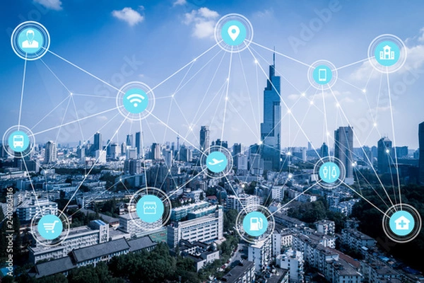 Fototapeta 5G network wireless systems and internet of things with modern city skyline