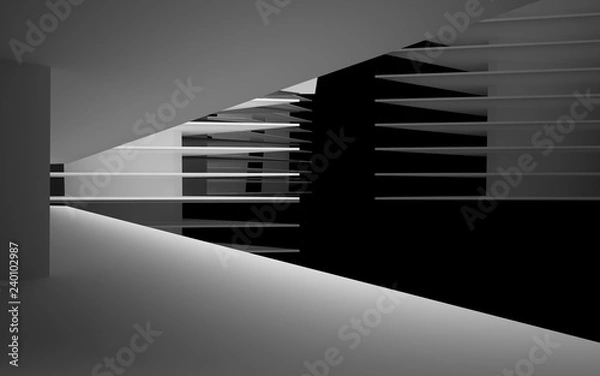 Fototapeta Abstract white interior of the future, with glossy black wall and floor. 3D illustration and rendering