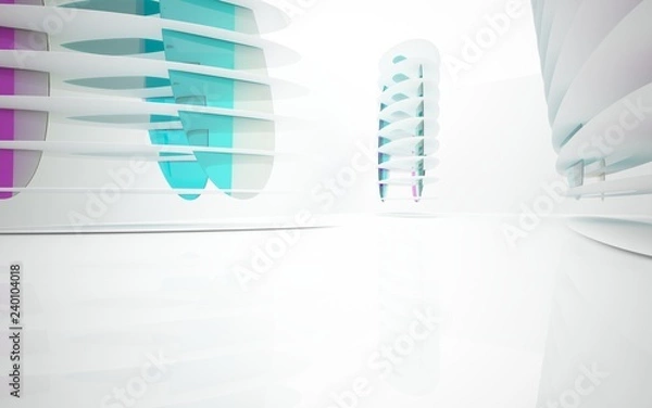 Fototapeta White smooth abstract architectural background whith colored gradient lines . 3D illustration and rendering
