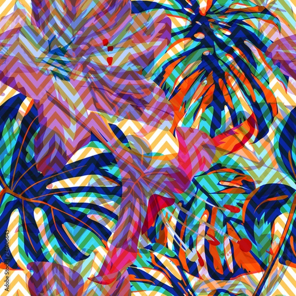 Fototapeta Liana Pattern. Summer Design for Swimwear. Exotic Palm Greenery Backdrop. Repeat Illustration. Liana Seamless Pattern.