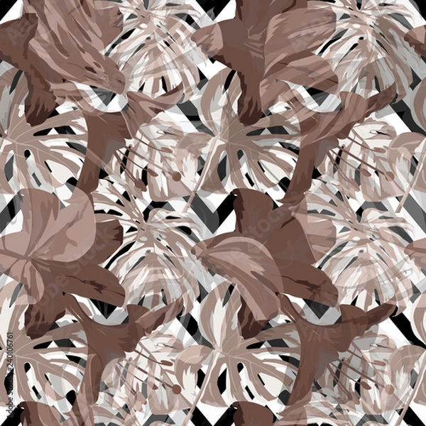 Fototapeta Jungle Pattern. Exotic Palm Greenery Backdrop. Repeatable Illustration. Summer Design for Swimwear. Seamless Jungle Pattern.