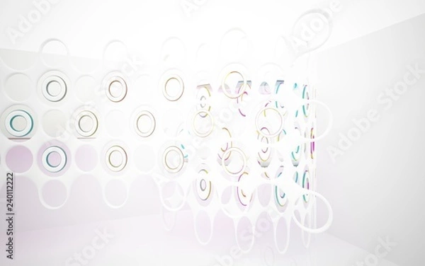 Fototapeta White smooth abstract architectural background whith colored gradient lines . 3D illustration and rendering