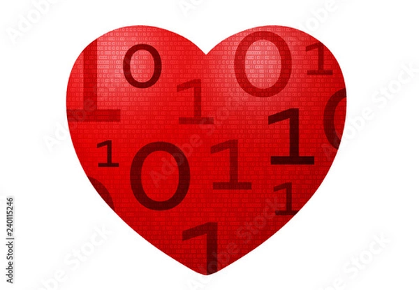 Fototapeta Red hearth on white with binary digital concept, future tech