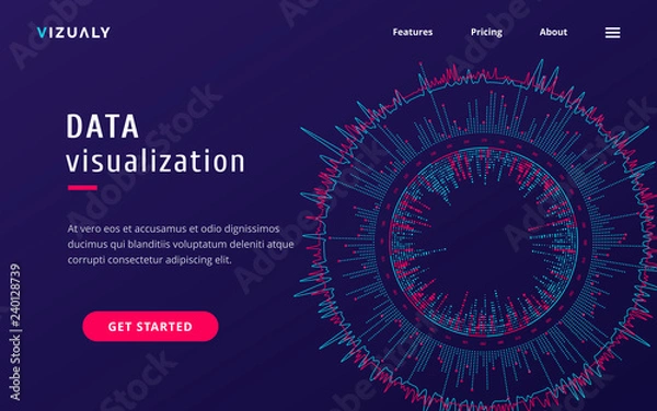 Fototapeta Modern landing page heading template for data visualization website. Vivid colors on dark background. Eps10.
