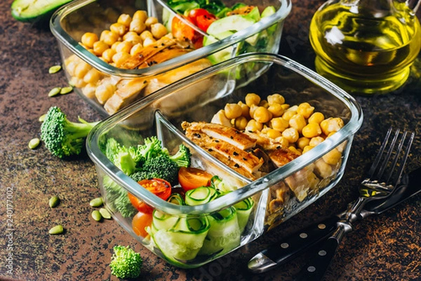 Fototapeta Zdrowe pojemniki na przygotowanie posiłków kurczak i świeże warzywa.