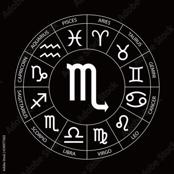 Obraz Vector. Graphic astrology set on the black background. A simple geometric white representation of the zodiac sign for horoscope Scorpio with titles, line art isolated illustration 