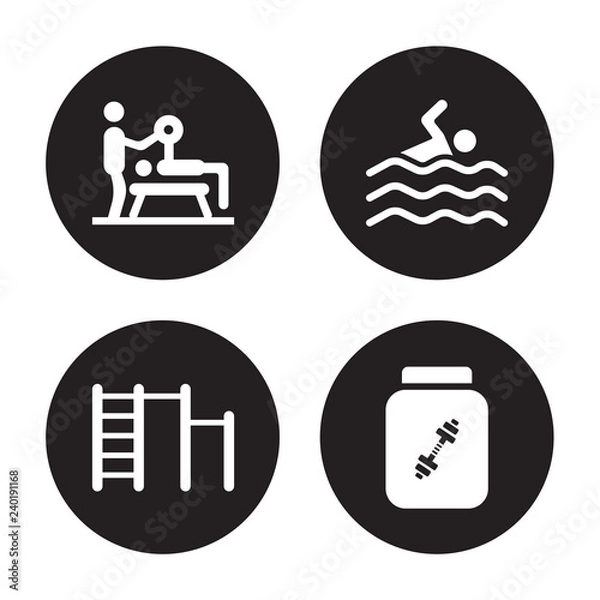 Obraz 4 vector icon set : Trainer, Swedish Wall, Swim, Supplement isolated on black background