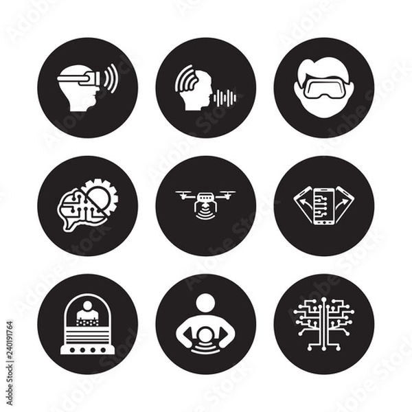 Fototapeta 9 vector icon set : Vr glasses, Voice recognition, Teleportation, Tilt, Unmanned aerial vehicle, Virtual reality, Unsupervised learning, Telekinesis isolated on black background
