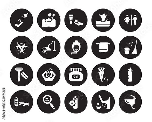 Fototapeta 20 vector icon set : ablution, Wax, Air freshener, Bacteria, Bandage, Wc, Towel, Gel, Razor, Vacuum, shaving gel isolated on black background