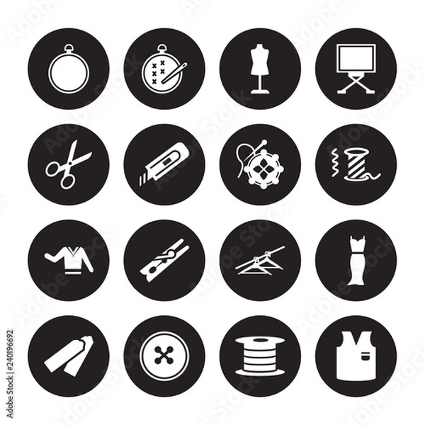 Fototapeta 16 vector icon set : Embroidery hoop, Bobbin, Button, Chalk, Clothes, v, Cutting, Clothing, Crochet isolated on black background