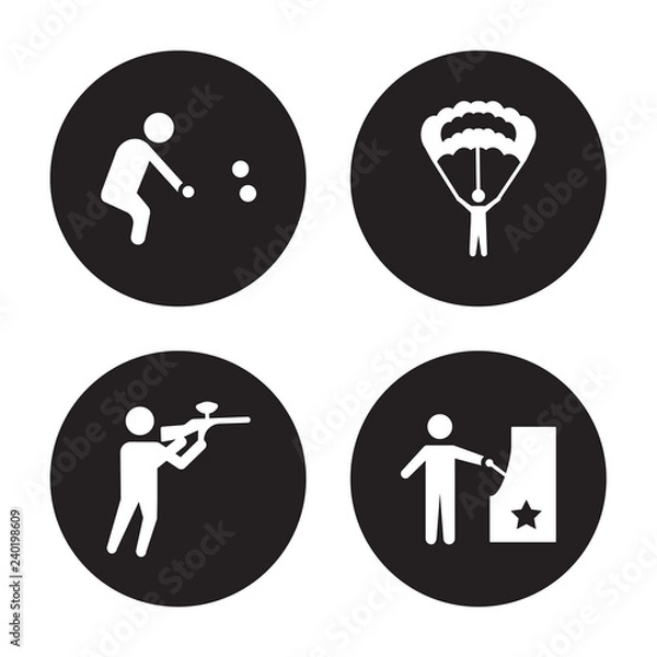 Obraz 4 vector icon set : Petanque, Paintball, Parachuting, Pachinko isolated on black background